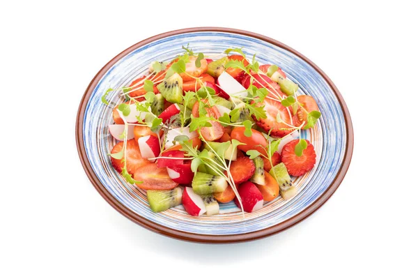 Vegetarische Groenten Fruit Salade Van Aardbeien Kiwi Tomaten Microgroene Spruiten — Stockfoto