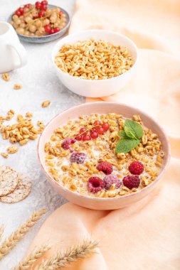 Sütlü buğday gevreği lapası, ahududu ve gri beton kaplama seramik kasede frenk üzümü ve turuncu keten tekstil. Yan görünüm, kapat.