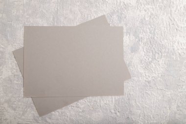 Gri kağıt kartvizit, gri beton arka planda model. Boşluk, düzlük, üst görünüm, durgun yaşam, kopyalama alanı.