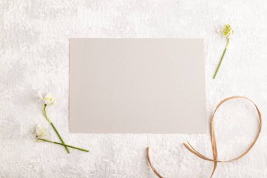 Gri renkli kağıt kaplama, arka planda kar tanecikli galanthus çiçekleri. Boş, kartvizit, üst manzara, düz yatak, fotokopi alanı, natürmort hayat. bahar konsepti.