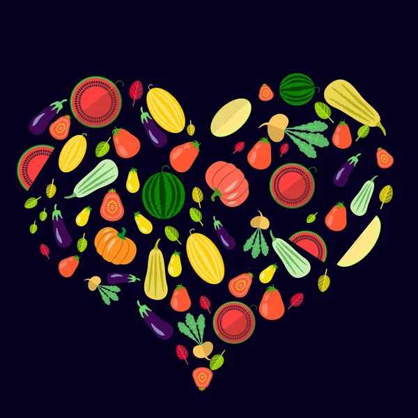 Gemüseset in Herzform auf dunkelblau — Stockvektor