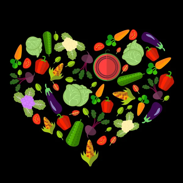 Gemüseset in Herzform auf der schwarzen — Stockvektor