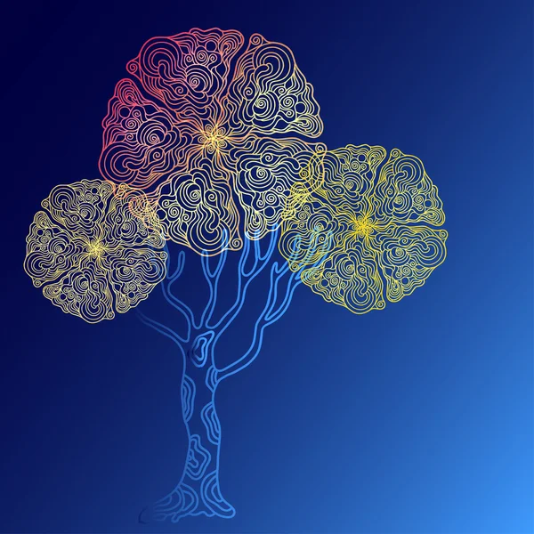 Abstrakt olika färg doodle träd på blå bakgrund — Stock vektor