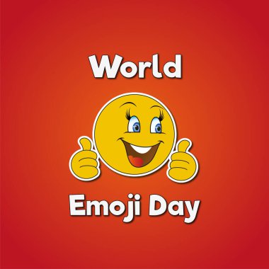 Dünya Emoji Günü 17 Temmuz. Kırmızı arka planda Dünya Emoji Günü yazısıyla gülümseyen emoji etiketi. Poster, kart, afiş, dünya emoji günü vektör illüstrasyonu.