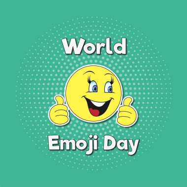 Dünya Emoji Günü 17 Temmuz. Yeşil arka planda yarım ton efektli ve Dünya Emoji Günü yazılı pop sanat stili etiketli gülen emoji..