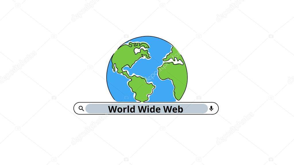 World Wide Web Day August 1.Simple planet and search. Minimalist web banner, poster, card, line art background. Single line art. World Wide Web day vector illustration. One continuous line drawing.