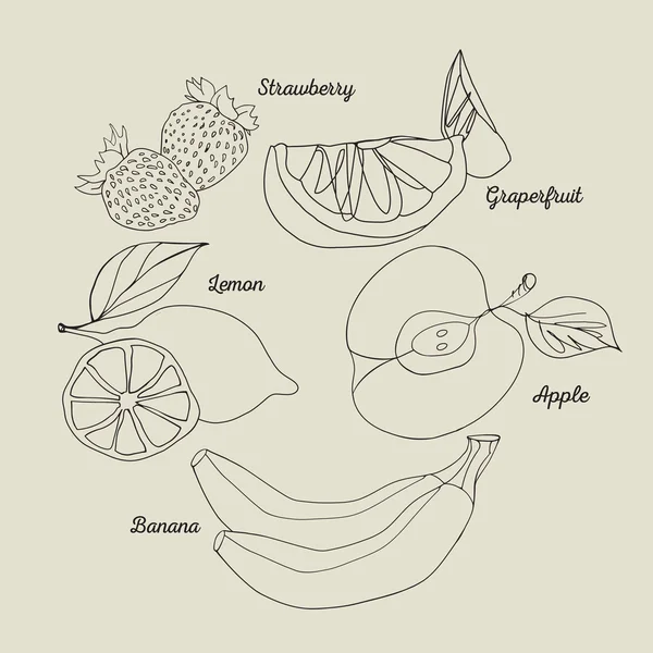 Vruchten. Aantal zwarte lijn vectorillustraties. — Stockvector