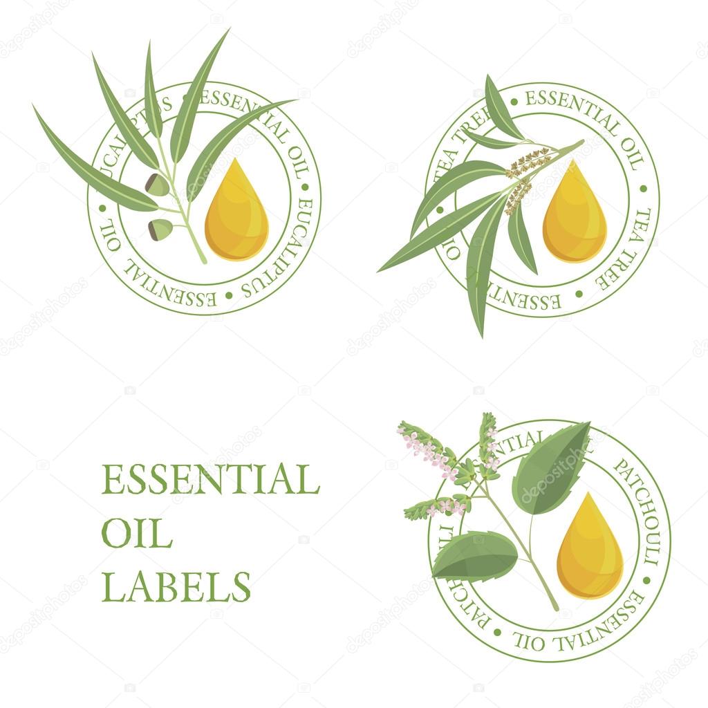 essential oils labels: tea tree, eucalyptus,patchouli.
