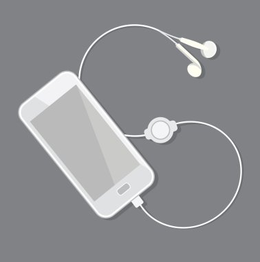 Beyaz Smartphone ile kulaklık takılı. Vektör çizim.