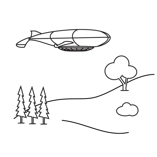 Gambar garis besar aerostat, pohon, gunung - Stok Vektor
