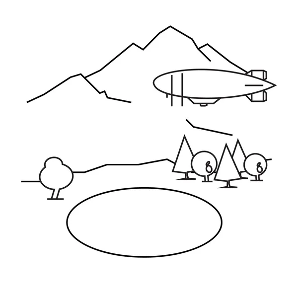 Imagen de aerostato de contorno, árboles, montaña — Vector de stock