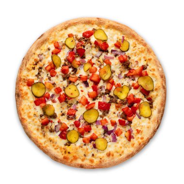 Sosisli pizza ve beyaz arka planda kırmızı soğan. Yüksek kalite fotoğraf