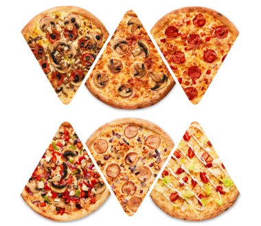 Beyaz arka planda pepperonili lezzetli taze pizzaları dilimlere ayırın. Üst Manzara. Pizza beyaz masada. Yüksek kalite fotoğraf