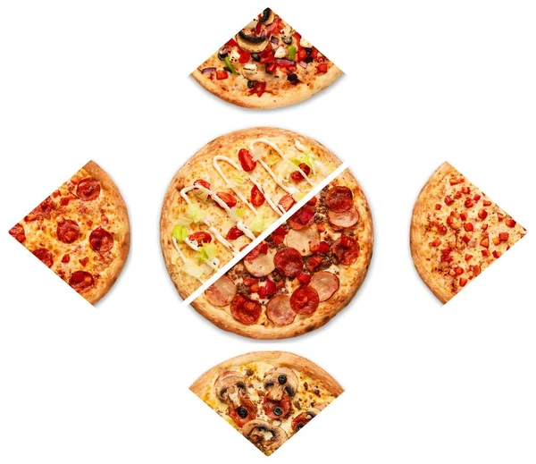 Cut Slices Delicious Fresh Pizza Pepperoni White Background Top View — Stock Photo, Image