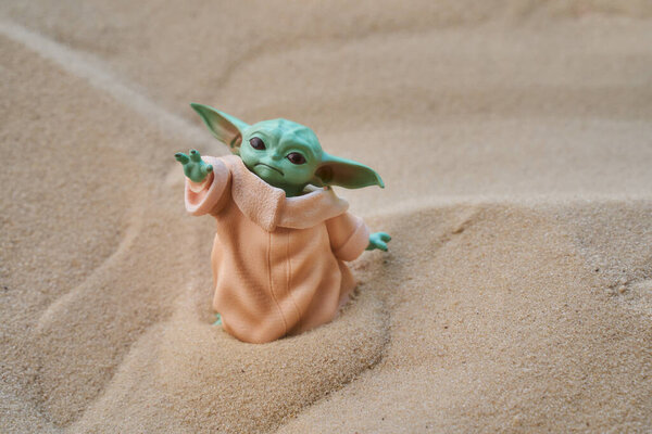 May, 2021: Display of Baby Yoda, an action figures. Star Wars