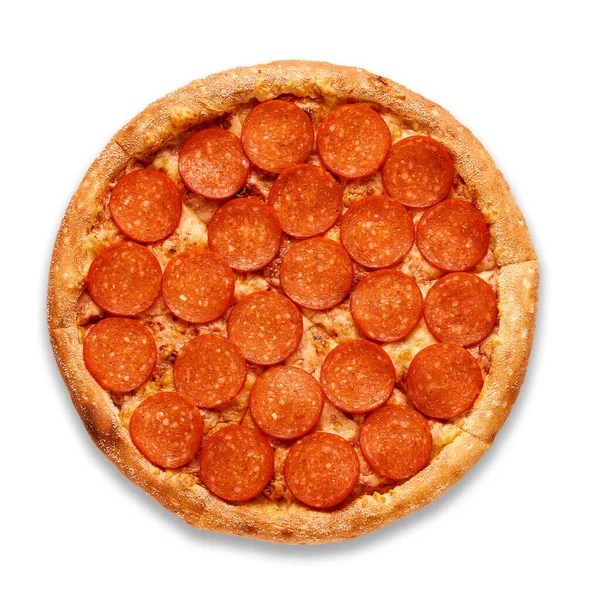 Pizza z kiełbasą pepperoni na białym tle. Widok z góry Bardzo wysokiej jakości zdjęcie. — Zdjęcie stockowe