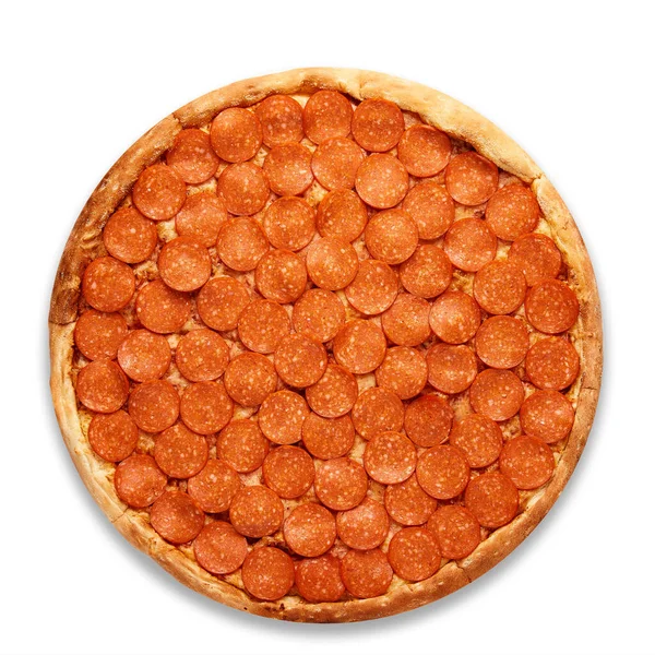 Pizza con salchichas pepperoni sobre fondo blanco. Vista superior.Foto de muy alta calidad. — Foto de Stock