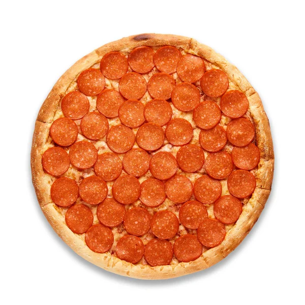 Pizza com salsichas pepperoni em um fundo branco. Visão superior.Foto de alta qualidade. — Fotografia de Stock