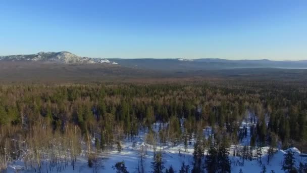 Aerial top of the world view of male mountain climber in winter — Stock Video