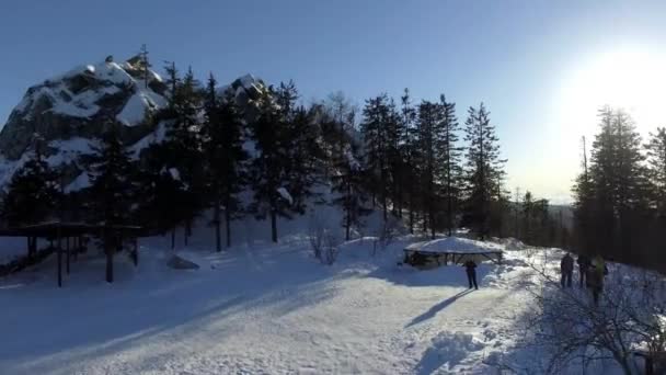 Topo aéreo da visão do mundo do montanhista masculino no inverno — Vídeo de Stock