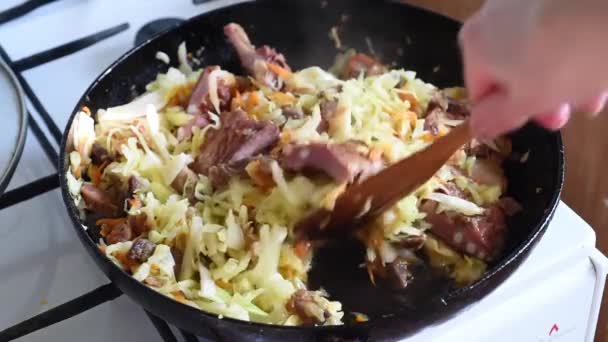 Matlagning grönsaker i en kastrull kål med kött — Stockvideo