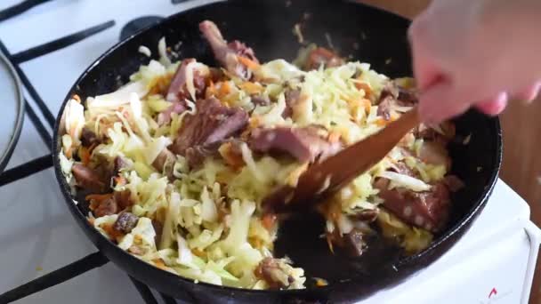 Cooking vegetables in a pan cabbage with meat — Stock Footage Cooking vegetables in a pan cabbage with meat Stock Footage