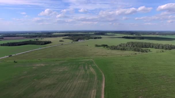 Campos verdes y amarillos y autopista. Vista superior aérea — Vídeo de stock