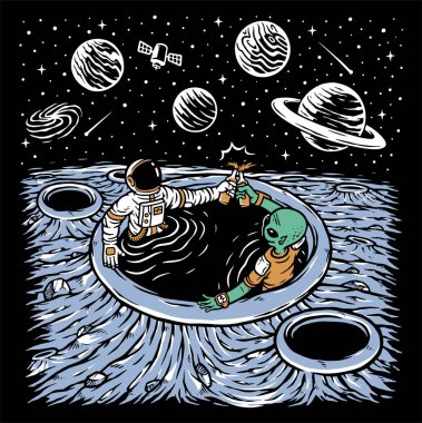 Astronot ve uzaylı ürpertici illüstrasyon