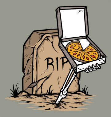 Kafatası, mezarın içinden pizza veriyor.