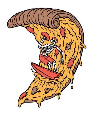 Pizza illüstrasyonunda sörf yapan kafatasları.