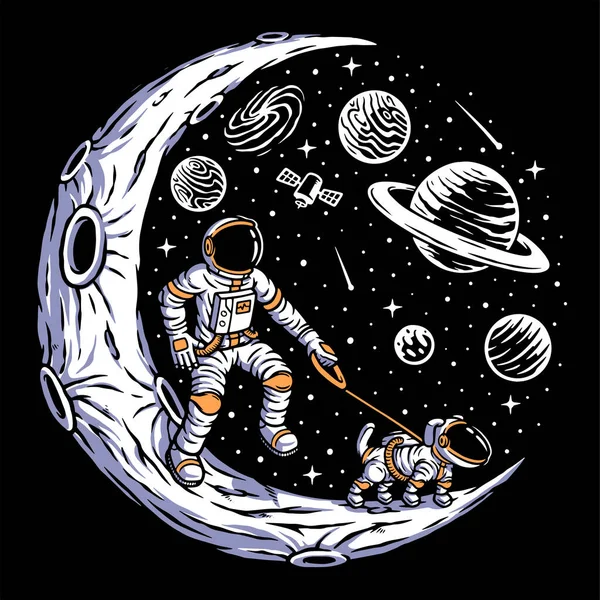 Astronauta Con Perro Luna Ilustración — Archivo Imágenes Vectoriales