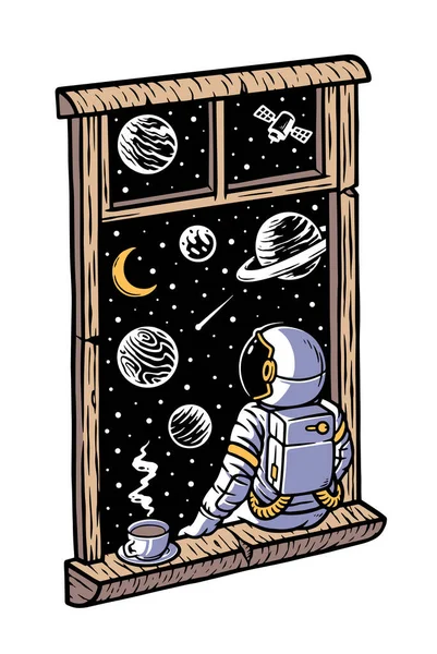 Astronauta Mira Por Ventana Ilustración — Vector de stock