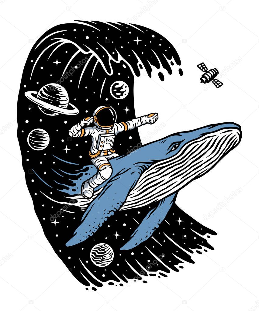 Surf in the universe with whales illustration
