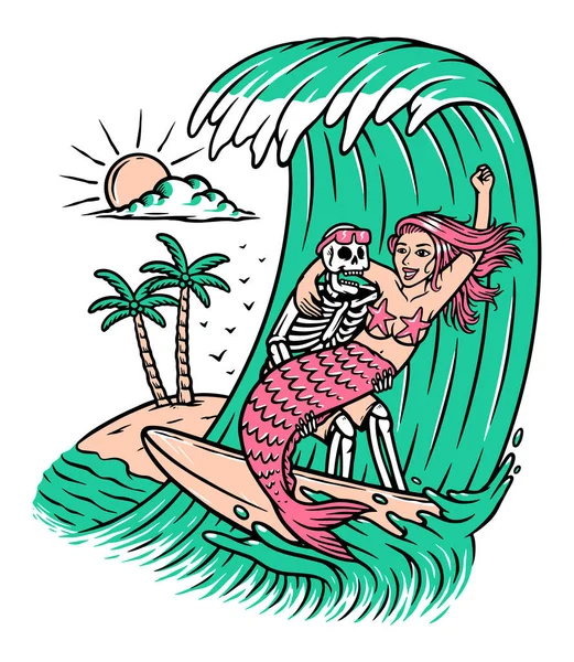 Calavera Sirena Surf Ilustración — Vector de stock