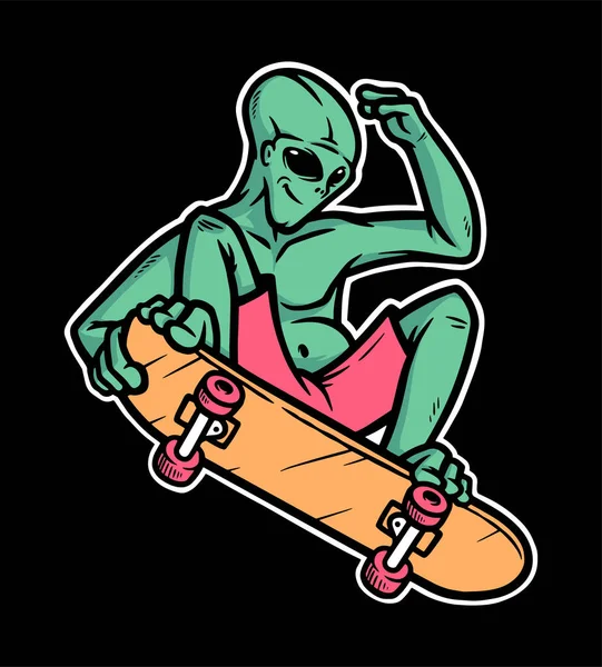 Alien Giocare Skateboard Vettoriale Illustrazione — Vettoriale Stock