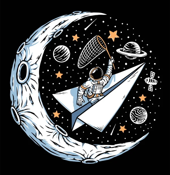 Astronauta Cattura Stelle Sulla Luna Illustrazione — Vettoriale Stock