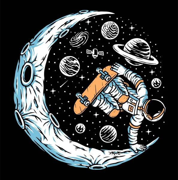 Astronauta Monopatín Luna Ilustración — Vector de stock