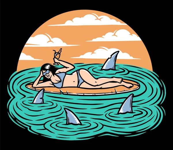 サーフボードイラストに横たわっ女性サーファー — ストックベクタ