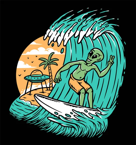 Utomjordingar Surfa Stranden Illustration — Stock vektor