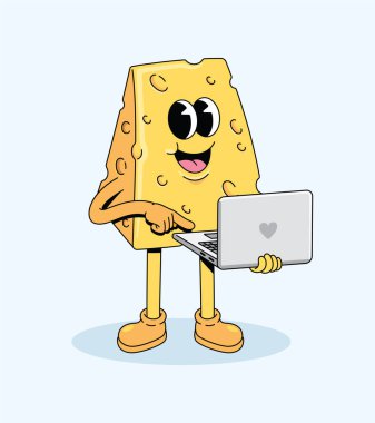 cheese laptop groovy cartoon illustration