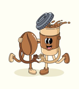 coffee cup and coffee bean love groovy cartoon illustration