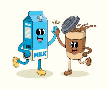 coffee cup and milk box groovy cartoon illustration