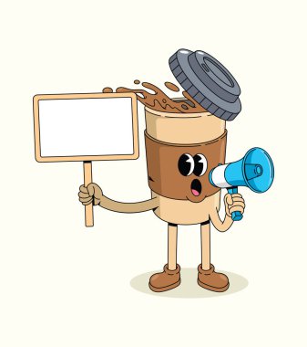 coffee cup megaphone groovy cartoon illustration