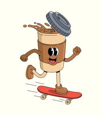 coffee cup skateboard groovy cartoon illustration