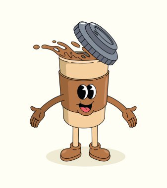 coffee cup open hand groovy cartoon illustration