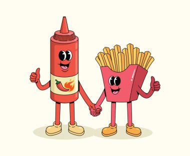 french fries and chili sauce hand in hand groovy cartoon illustration