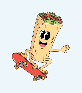 kebab style skateboard groovy cartoon illustration