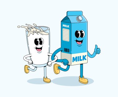 milk and milk box walk together groovy cartoon illustration