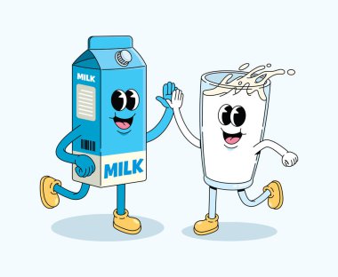 milk and milk box coffee cup high five groovy cartoon illustration