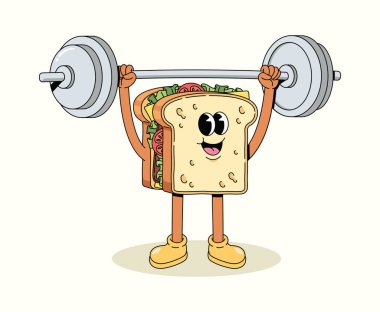 sandwich weightlifting groovy cartoon illustration